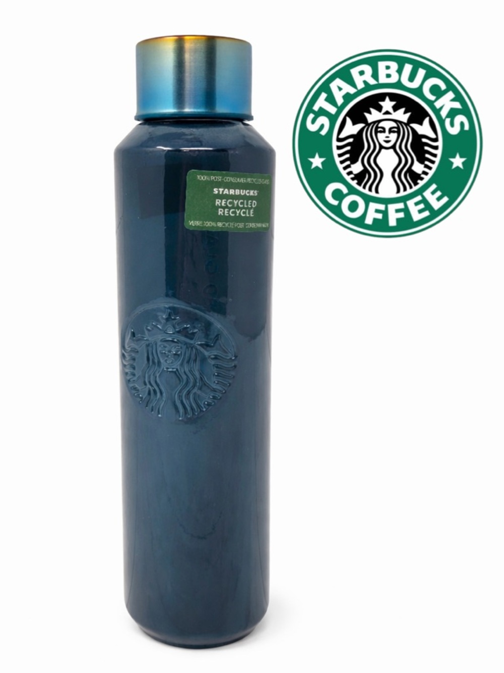 2022 STARBUCKS Dark Blue Teal Recycled Translucent Glass Beverage Travel Bottle